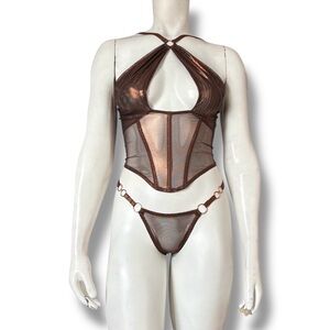 Forplay | NWT’s Y2K Grunge Bronze Gold Glimmer Corset Top and Panty Lingerie Set